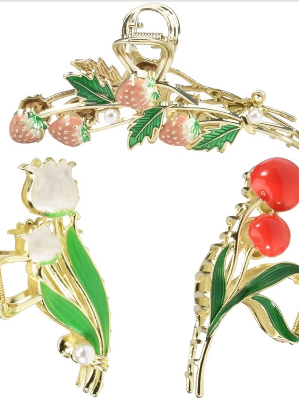 Anthropologie Gold-Tone Strawberry & Floral Brooch Trio - Green, Pink, Red
